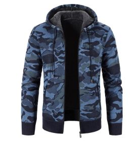 Men's Camouflage Print Full-Zip Hooded Fleece Sweater (Color: Blue)