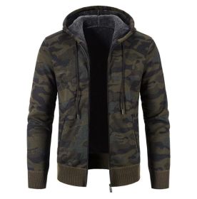 Men's Camouflage Print Full-Zip Hooded Fleece Sweater (Color: Green)