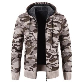 Men's Camouflage Print Full-Zip Hooded Fleece Sweater (Color: Brown)