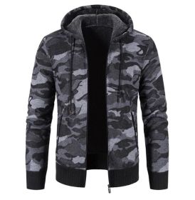 Men's Camouflage Print Full-Zip Hooded Fleece Sweater (Color: Gray)