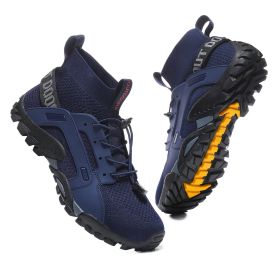 Spring Autumn Outdoor Mesh Fly Woven Sport Hiking Shoes Men Big Child Fashion Breathable High-top Climbing Walking Elastic Laces (Color: Navy blue)