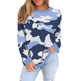 New Loose Round Neck Camouflage Leopard Print Long Sleeve T-shirt Women (Color: Light blue)