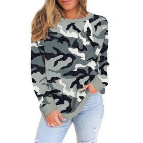 New Loose Round Neck Camouflage Leopard Print Long Sleeve T-shirt Women (Color: Grey)