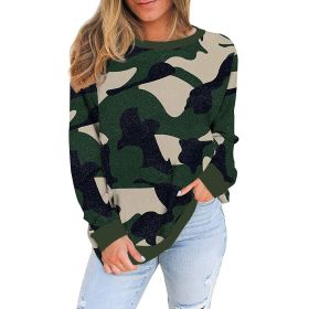 New Loose Round Neck Camouflage Leopard Print Long Sleeve T-shirt Women (Color: Green)