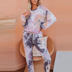 Autumn Fashion Printed Tie-dye European and American Style Ladies Casual Home Wear Suit (Color: Purple)